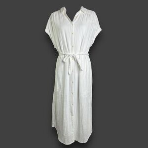Old Navy Shirt Dress Women L White Cotton Short Sleeve Belted Vacation Shift